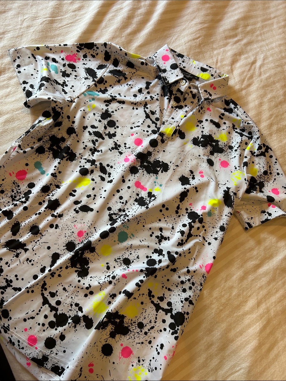 Sunday Swagger Men’s Short Sleeve Polo in White with Neon Paint Splatter